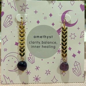 Gold Stainless Steel Natural real Amethyst Drop Stud Earrings